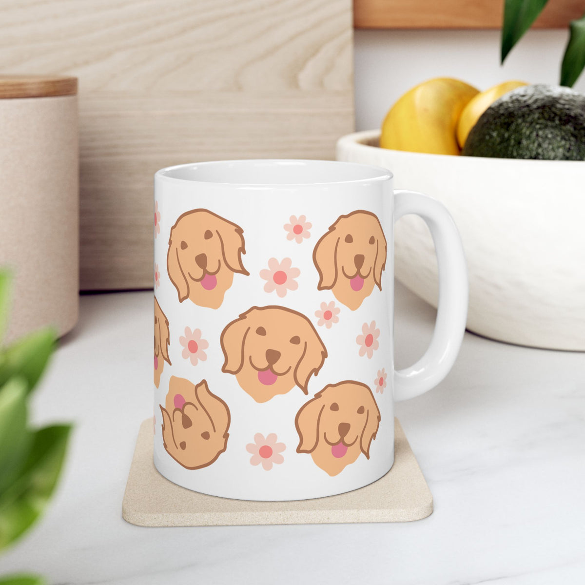 Golden Retriever Pattern Ceramic Mug — Cute Dog & Flowers Coffee Cup (11oz, 15oz)