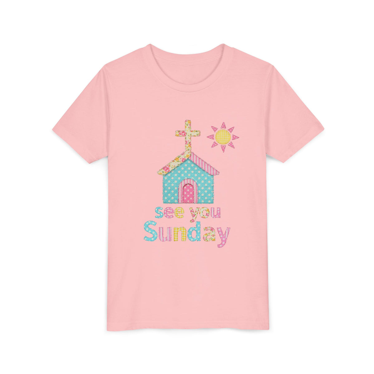 See You Sunday Kids T-Shirt Cute Patchwork Church Christian Graphic Tee