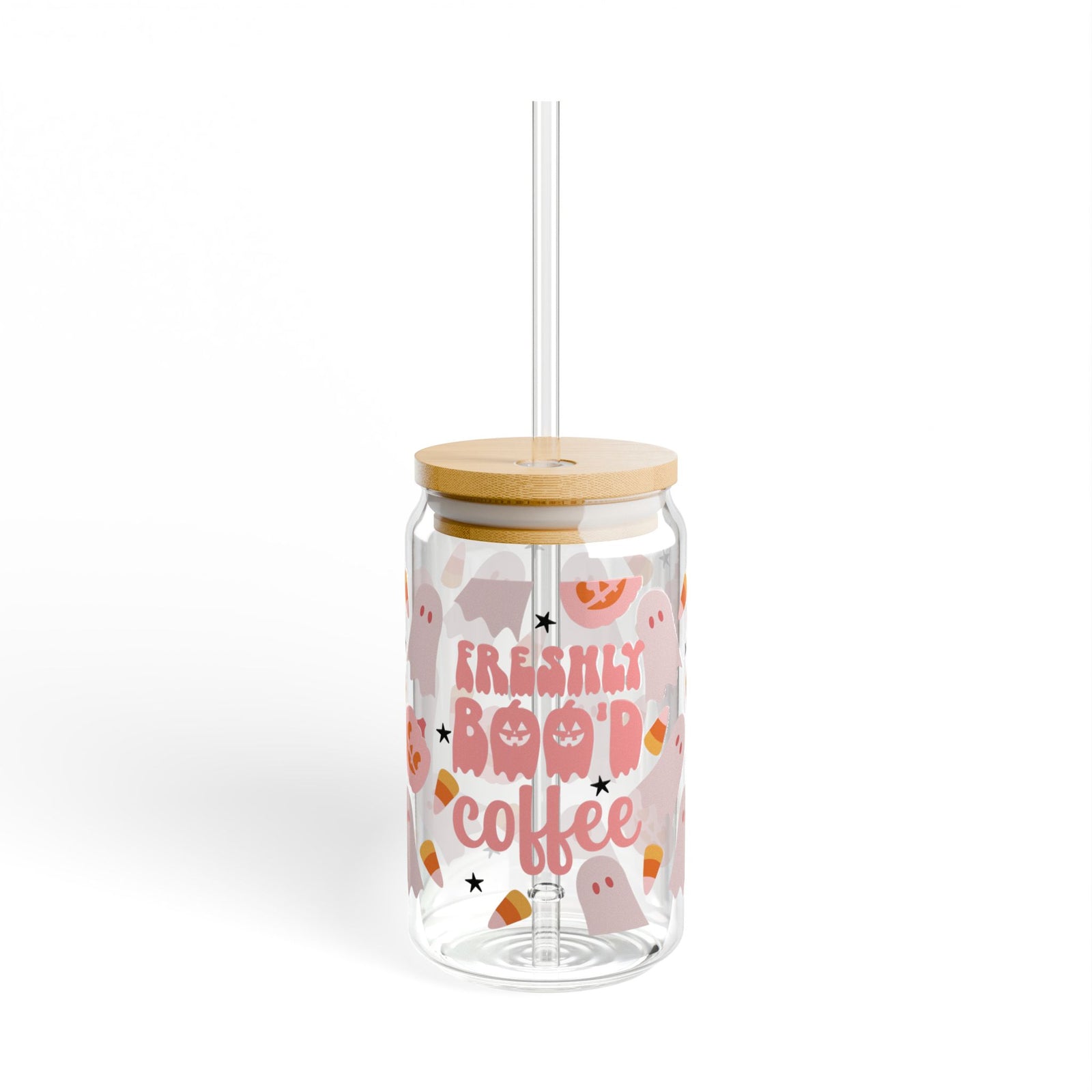 Freshly Boo'd Coffee"Cute Ghost & Candy Corn Sipper Glass 16oz Reusable Drink Jar with Lid & Straw