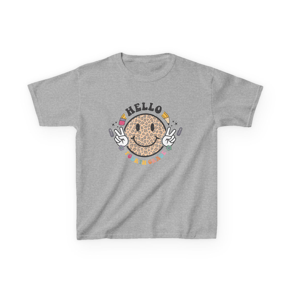 Fourth Grade Cheetah Smiley Face Graphic Tee Back-to-School 4th Grade Kids T-Shirt