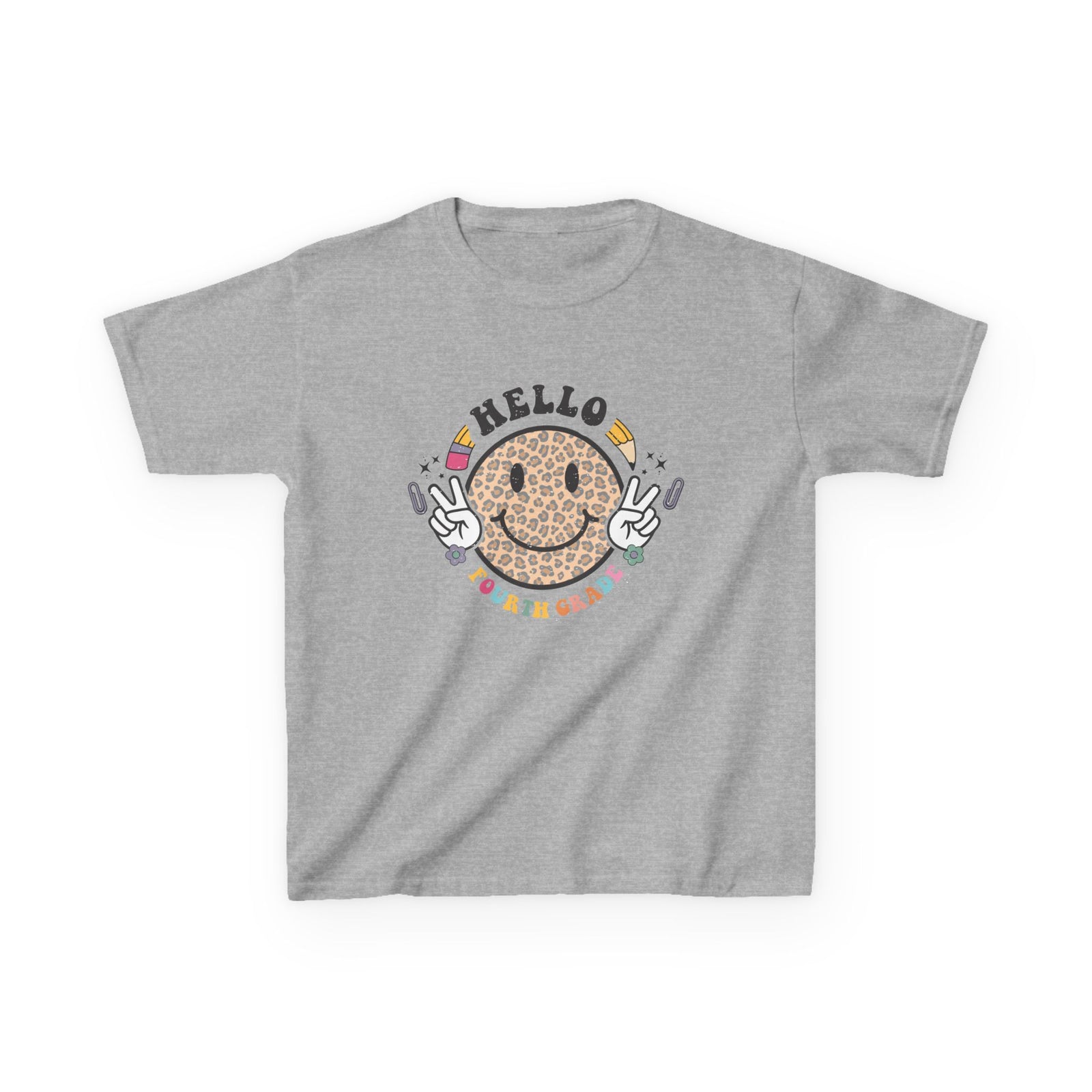 Fourth Grade Cheetah Smiley Face Graphic Tee Back-to-School 4th Grade Kids T-Shirt