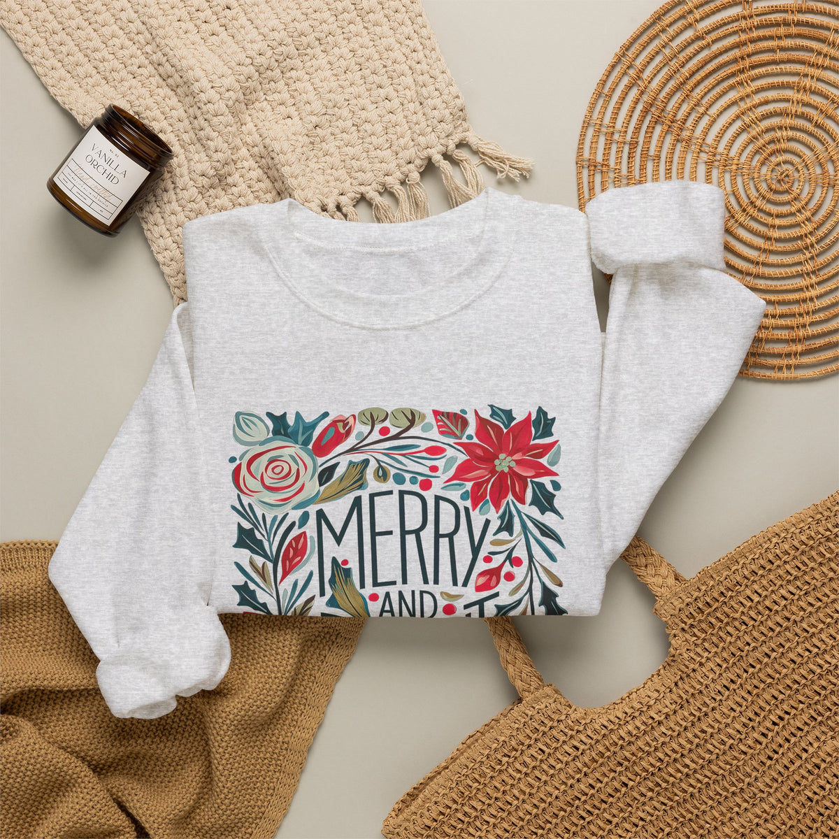 Merry & Bright Christmas Florals Crewneck Unisex Sweatshirt