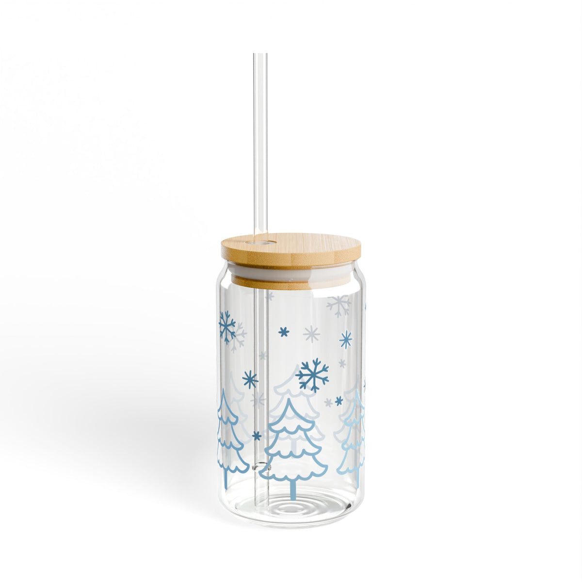 Snow Day Winter Christmas 16 oz reusable glass drink jar with lid and straw
