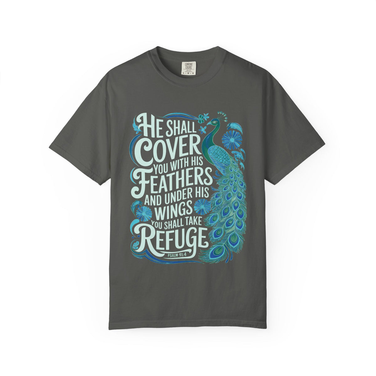 He Shall Cover Feathers T-Shirt Christian Scripture Peacock Refuge Tee