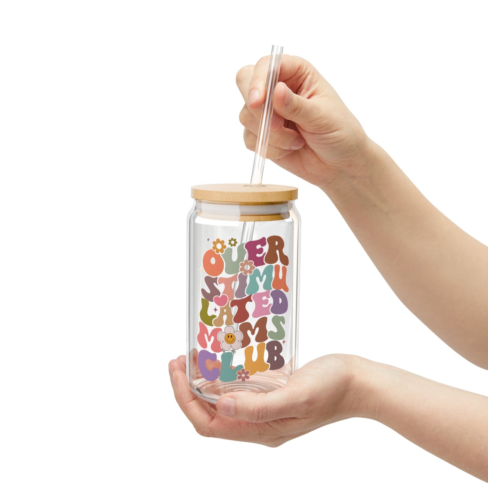 Overstimulated Moms Club Retro Sipper Glass 16oz Reusable Drink Jar with Lid & Straw