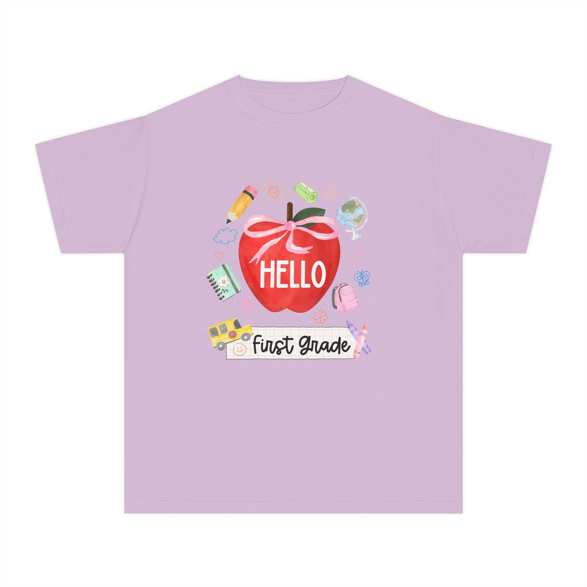 Hello First Grade Preppy Coquette Apple Graphic Tee Back to School 1st Grade T-Shirt