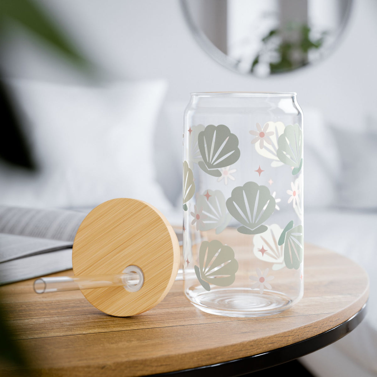 Floral & Seashell Mint Sipper Glass 16oz — Reusable Drink Jar with Lid & Straw - Sydney So Sweet