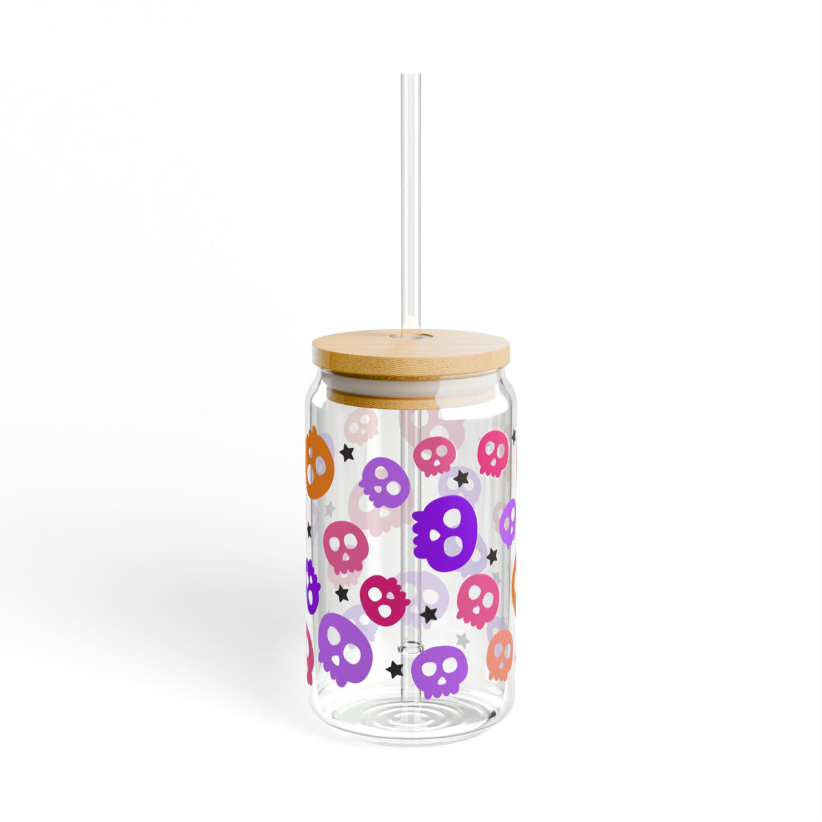 Spooky Bright Skulls Halloween Sipper Glass 16oz Reusable Drink Jar with Lid & Straw