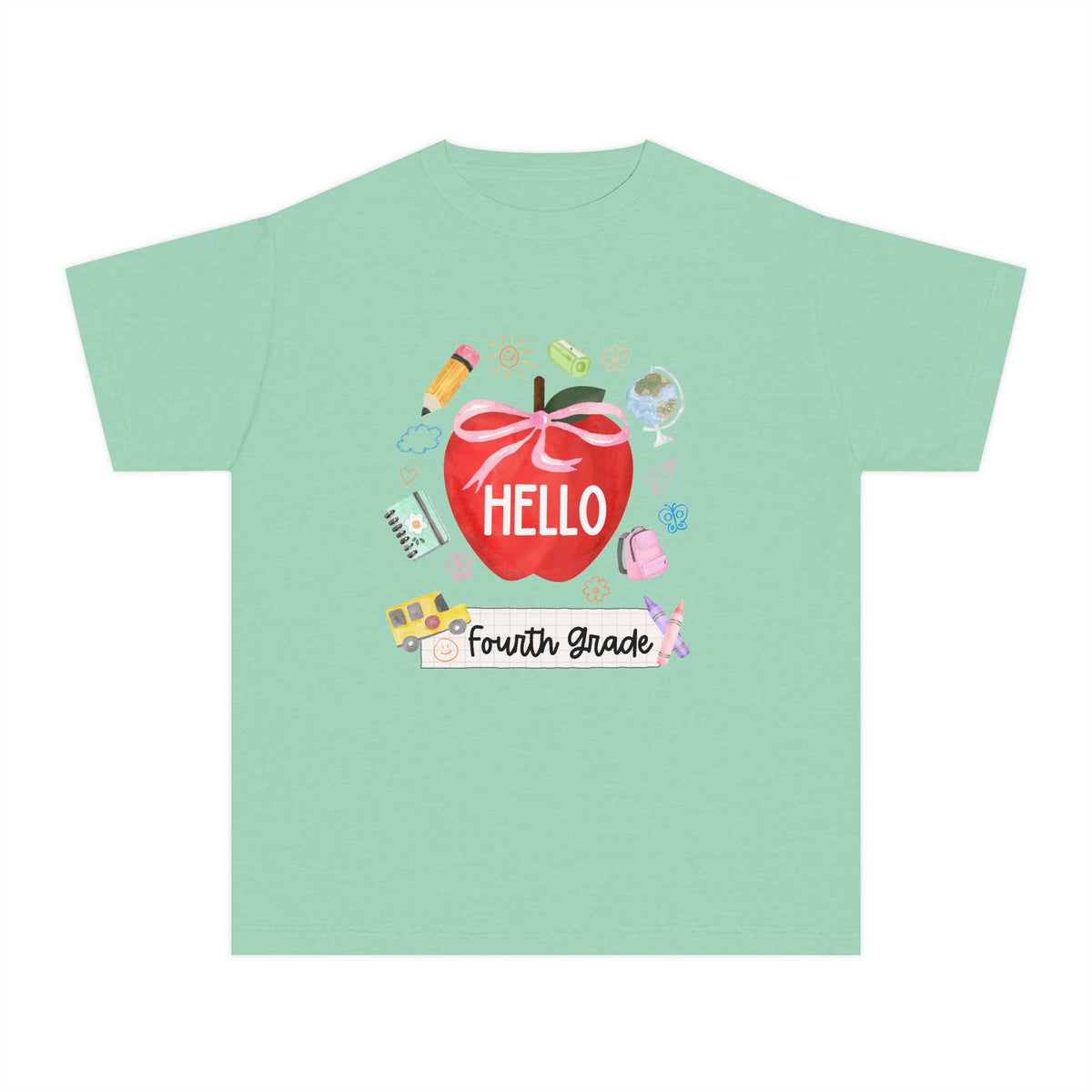 Hello Fourth Grade Preppy Coquette Apple Graphic Tee Back to School 4th Grade T-Shirt