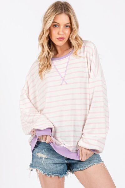 Ces Femme Striped Round Neck Drop Shoulder Sweatshirt - Sydney So Sweet