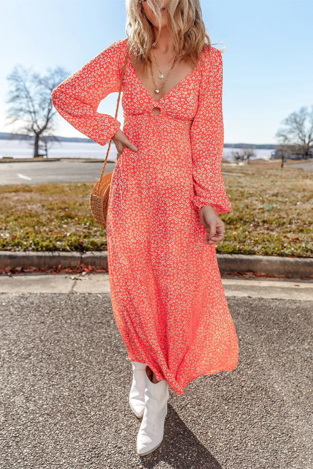 Printed V-Neck Long Sleeve Midi Dress - Sydney So Sweet