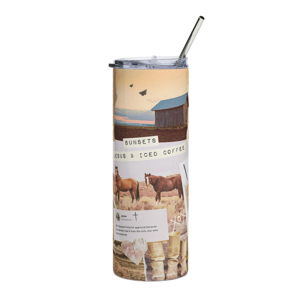 Sunsets Jesus & Iced Coffee 20oz Stainless Tumbler Rustic Sunset Collage Water Bottle