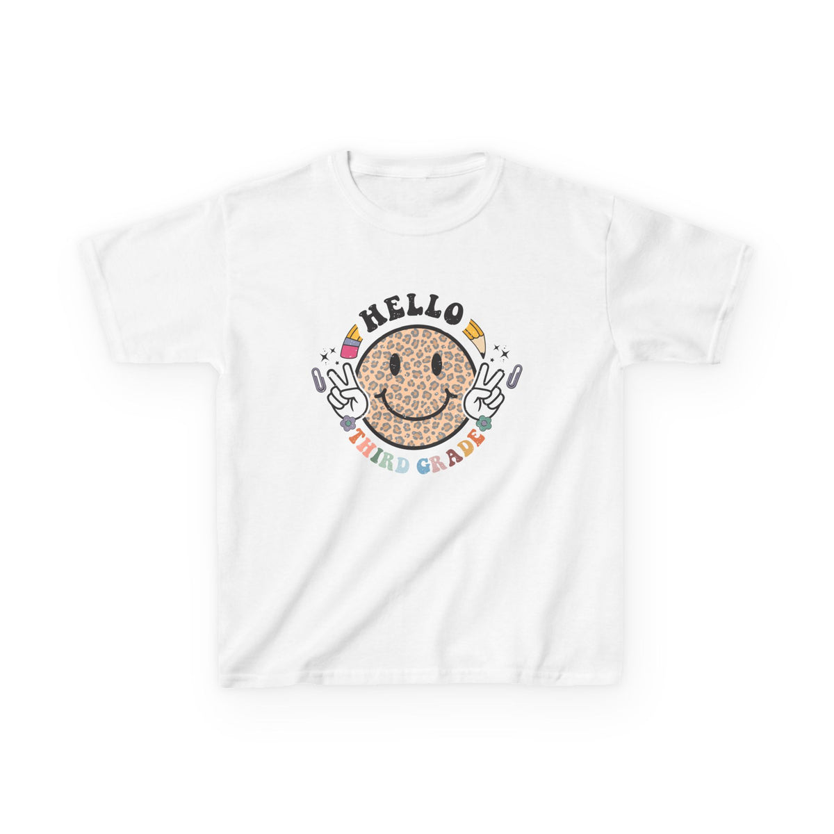 Third Grade Cheetah Smiley Face Graphic Tee Back-to-School 3rd Grade Kids T-Shirt