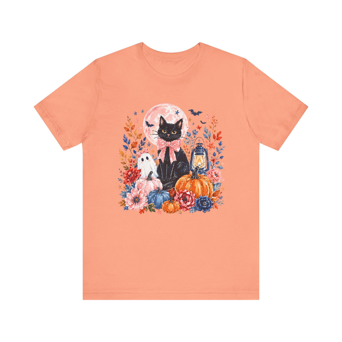 Girly Black Cat Halloween T-Shirt Cute Pumpkin & Lantern Fall Graphic Tee