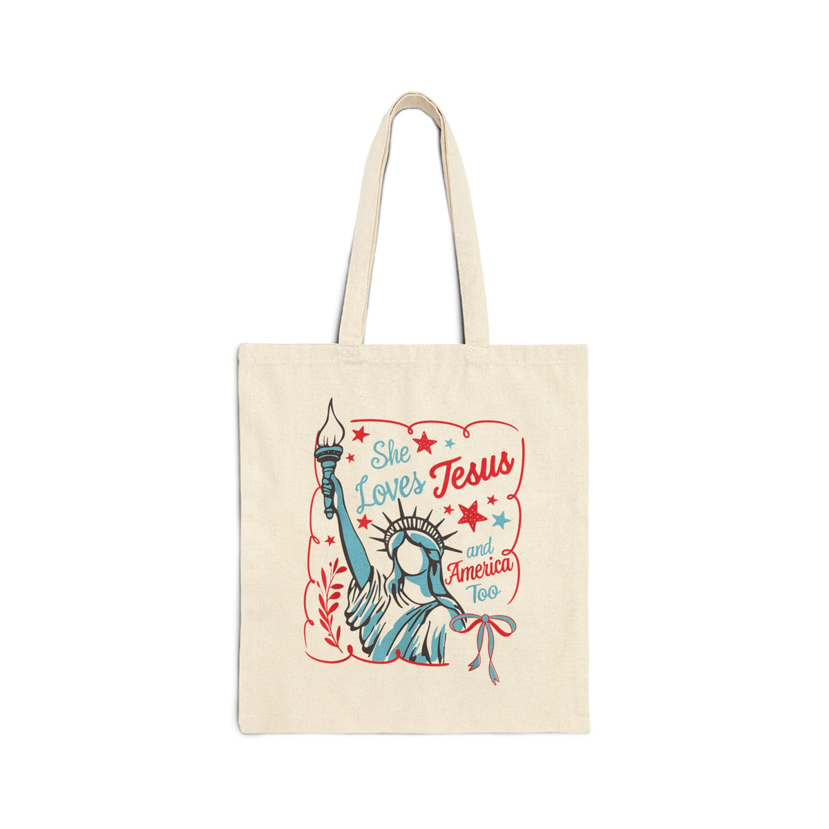 She Loves Jesus and America Too Statue of Liberty Patriotic Canvas Tote Bag