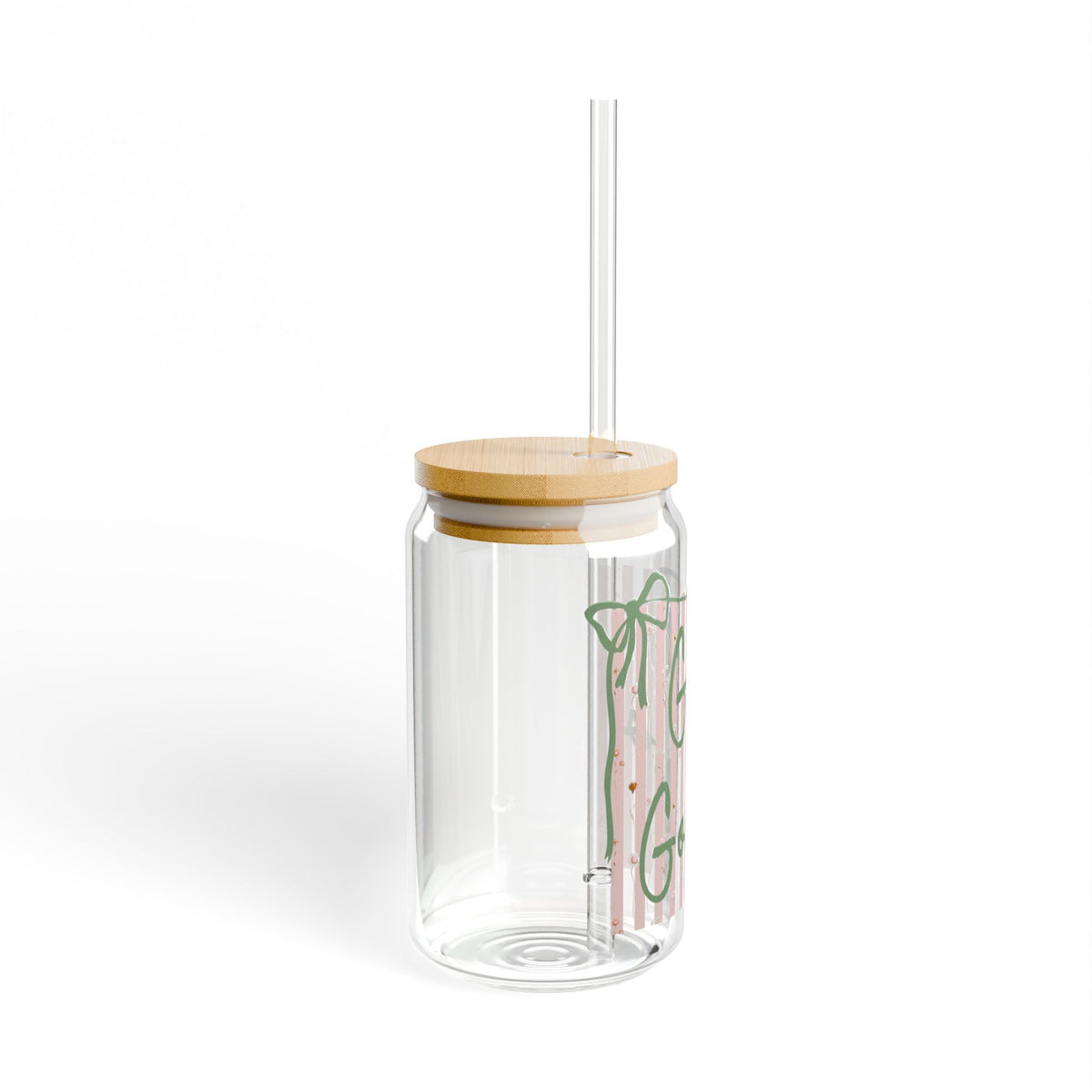 God is Good Pink Stripe Sipper Glass 16oz Reusable Drink Jar with Lid & Straw