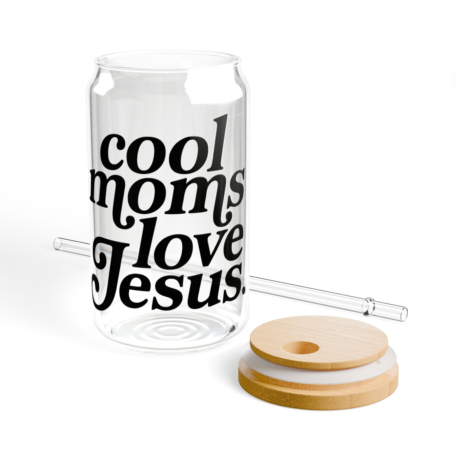 Cool Moms Love Jesus Sipper Glass 16oz Reusable Drink Jar with Lid & Straw