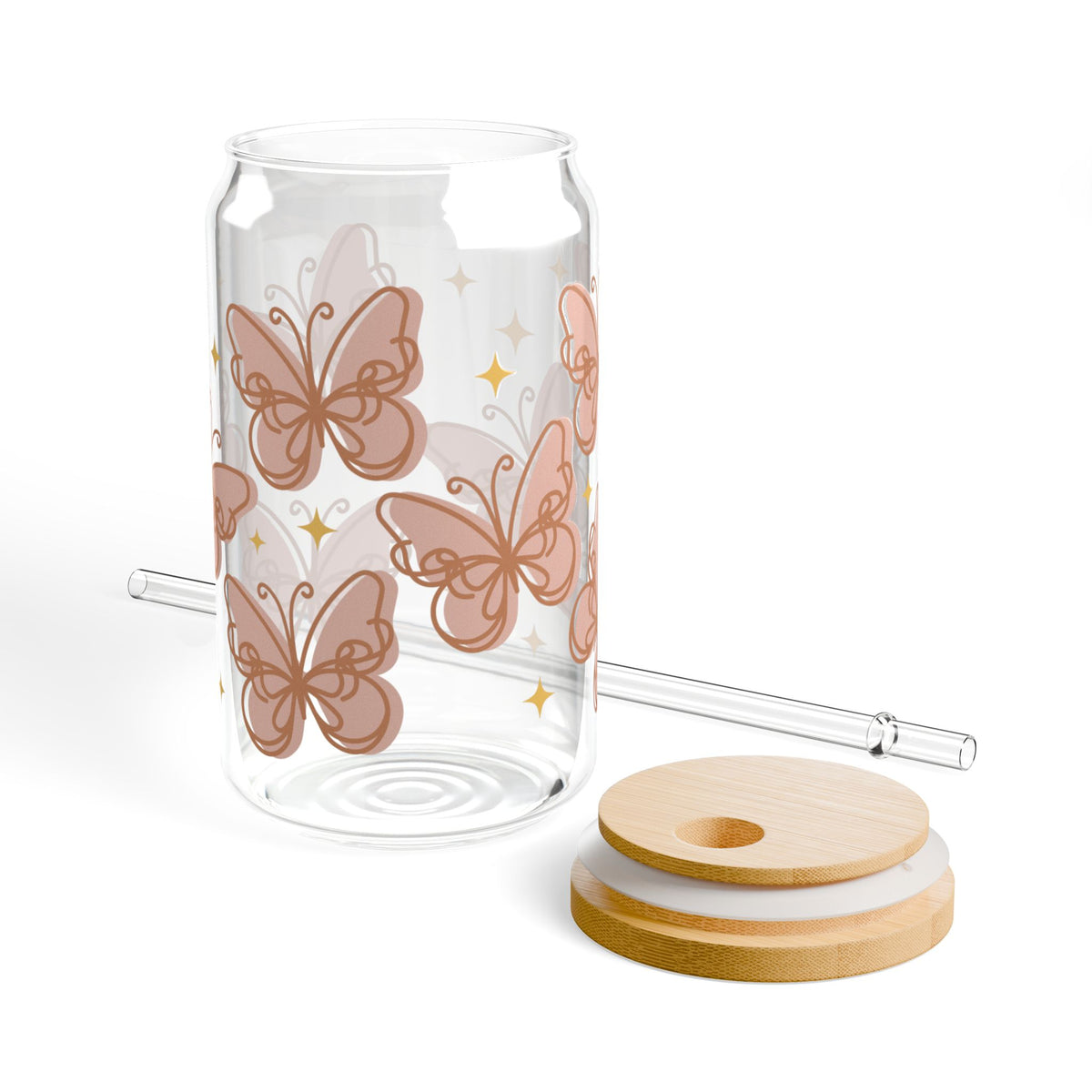 Peachy Butterfly Tumbler Sipper Glass 16oz — Reusable Drink Jar with Lid & Straw