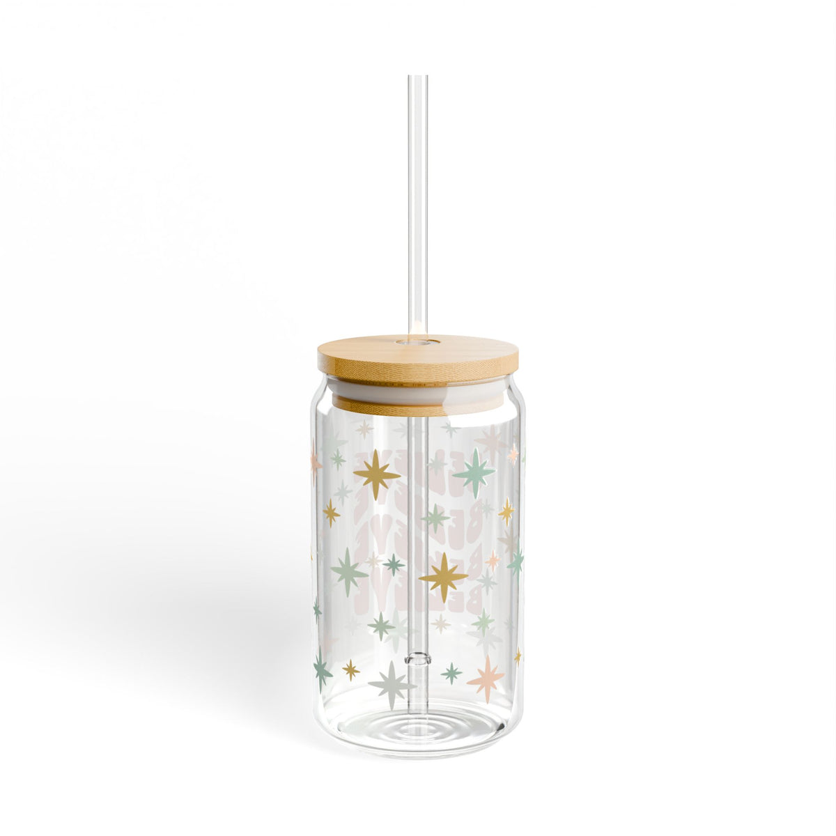 Believe Winter Magic Iced Coffee Sipper Glass 16oz Reusable Drink Jar with Lid & Straw