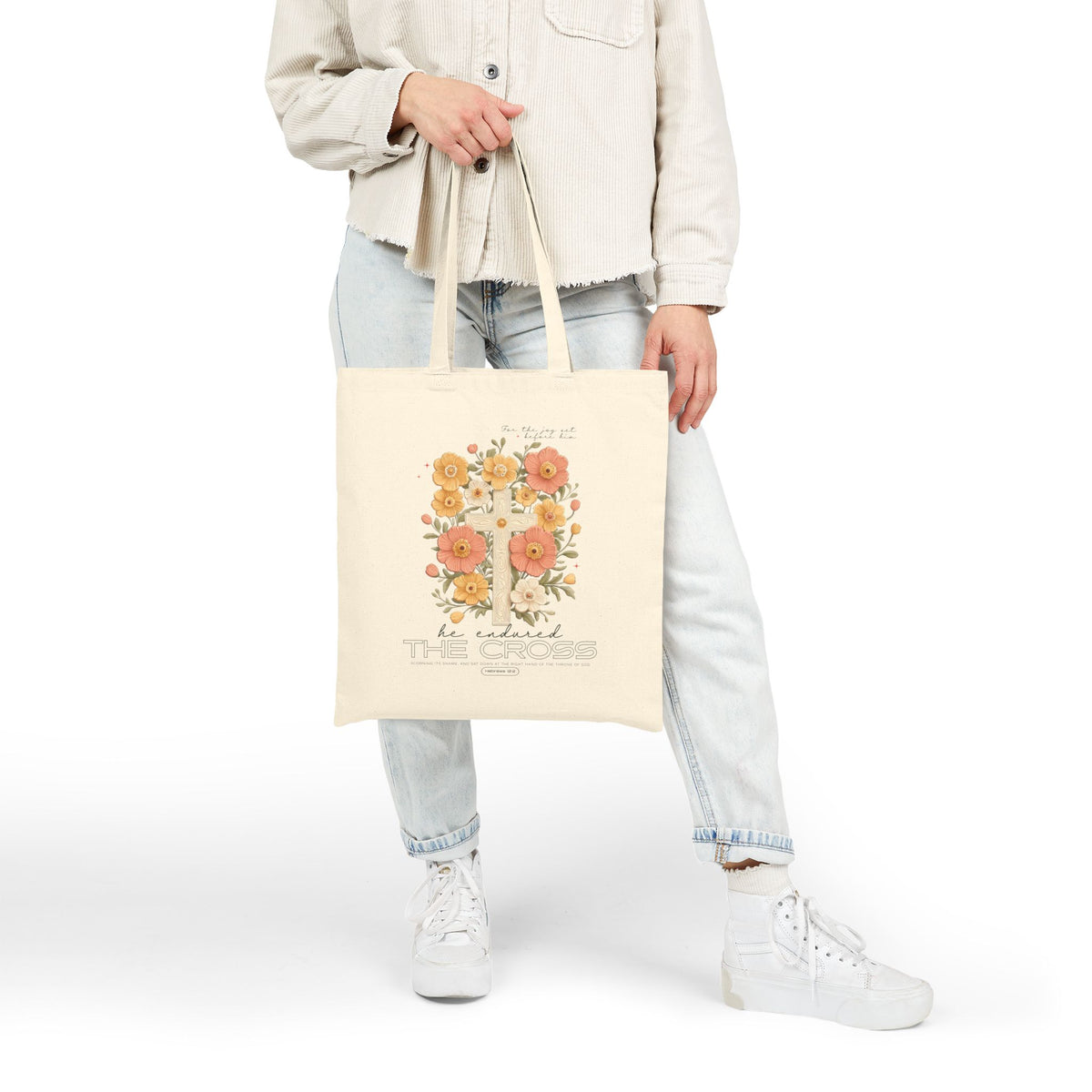 The Joy Set Before Him Floral Cross Christian Cotton Canvas Tote Bag