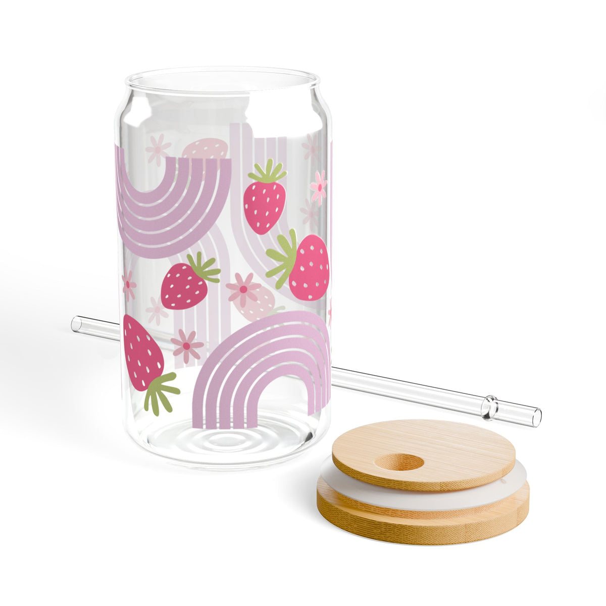 Wild Strawberry Tumbler Sipper Glass 16oz — Reusable Drink Jar with Lid & Straw