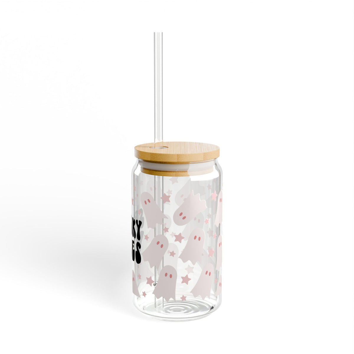 Spooky Vibes Ghost Halloween Sipper Glass 16oz Reusable Drink Jar with Lid & Straw