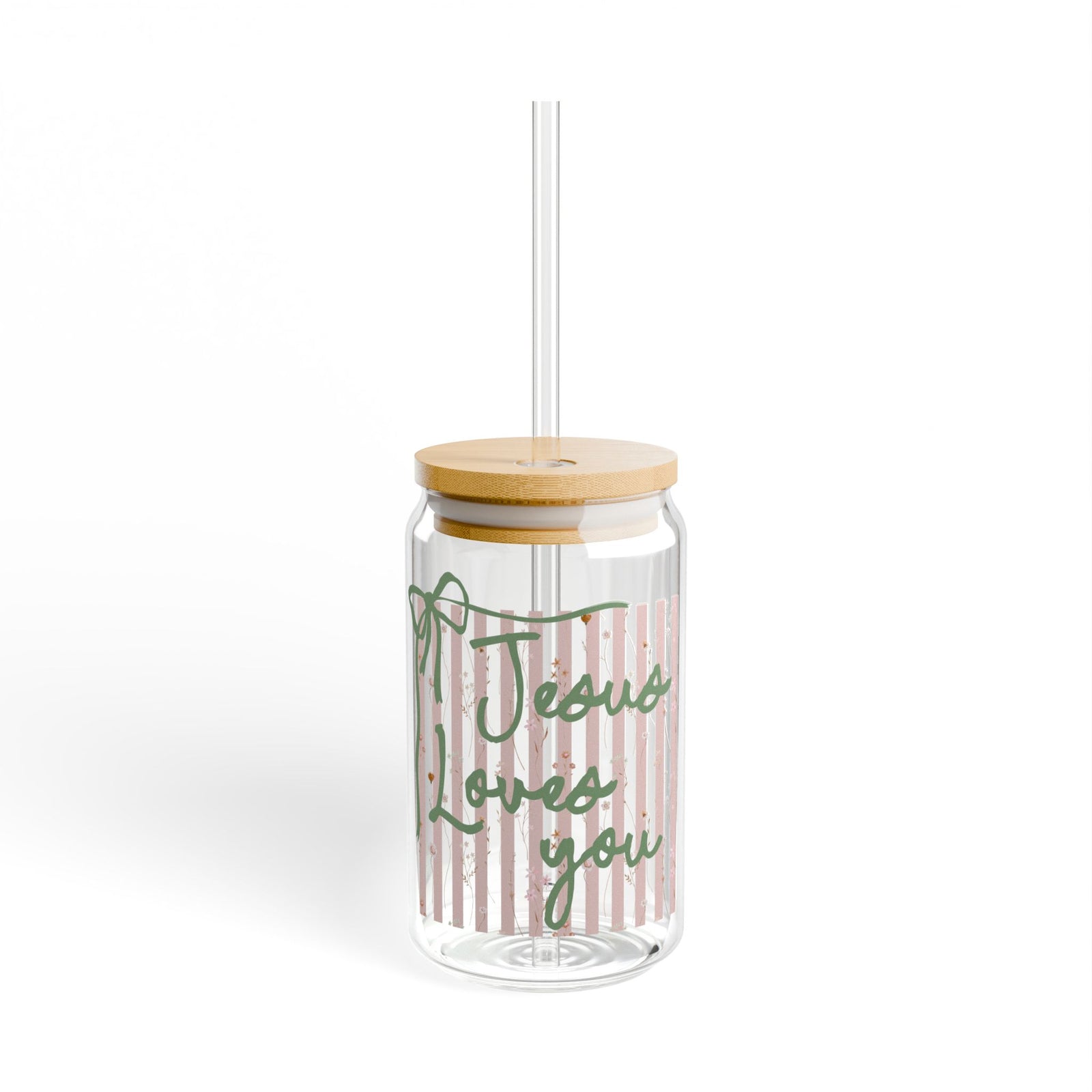 Jesus Loves You Pink Stripe Sipper Glass 16oz Reusable Drink Jar with Lid & Straw