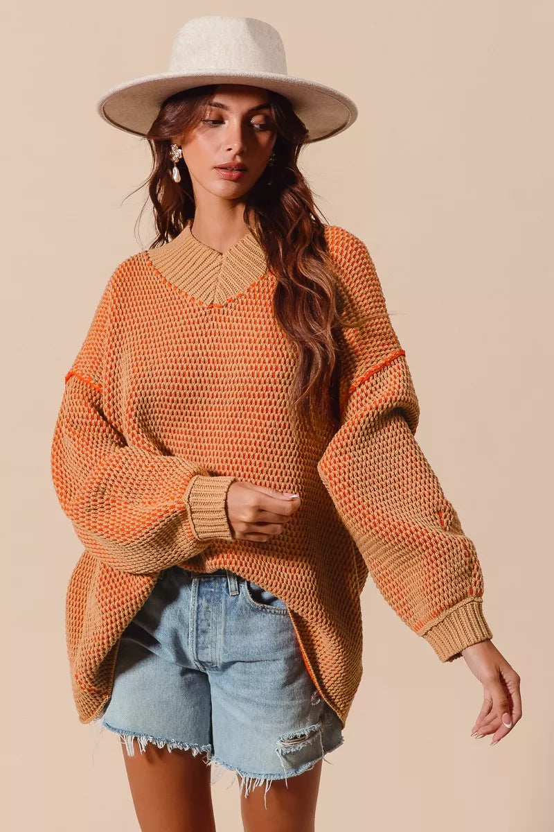 SO ME Oversized Two Tone Textured V Neck Sweater - Sydney So Sweet