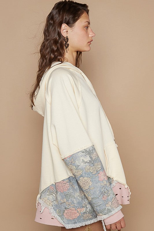 POL Floral Patchwork Distressed Drawstring Hoodie - Sydney So Sweet