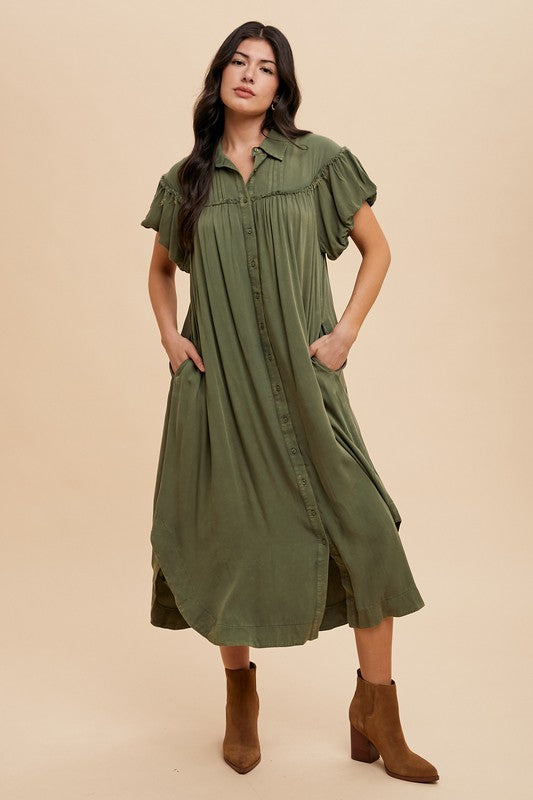 Annie Wear Mineral Washed Button Down Puff Sleeve Shirt Dress - Sydney So Sweet