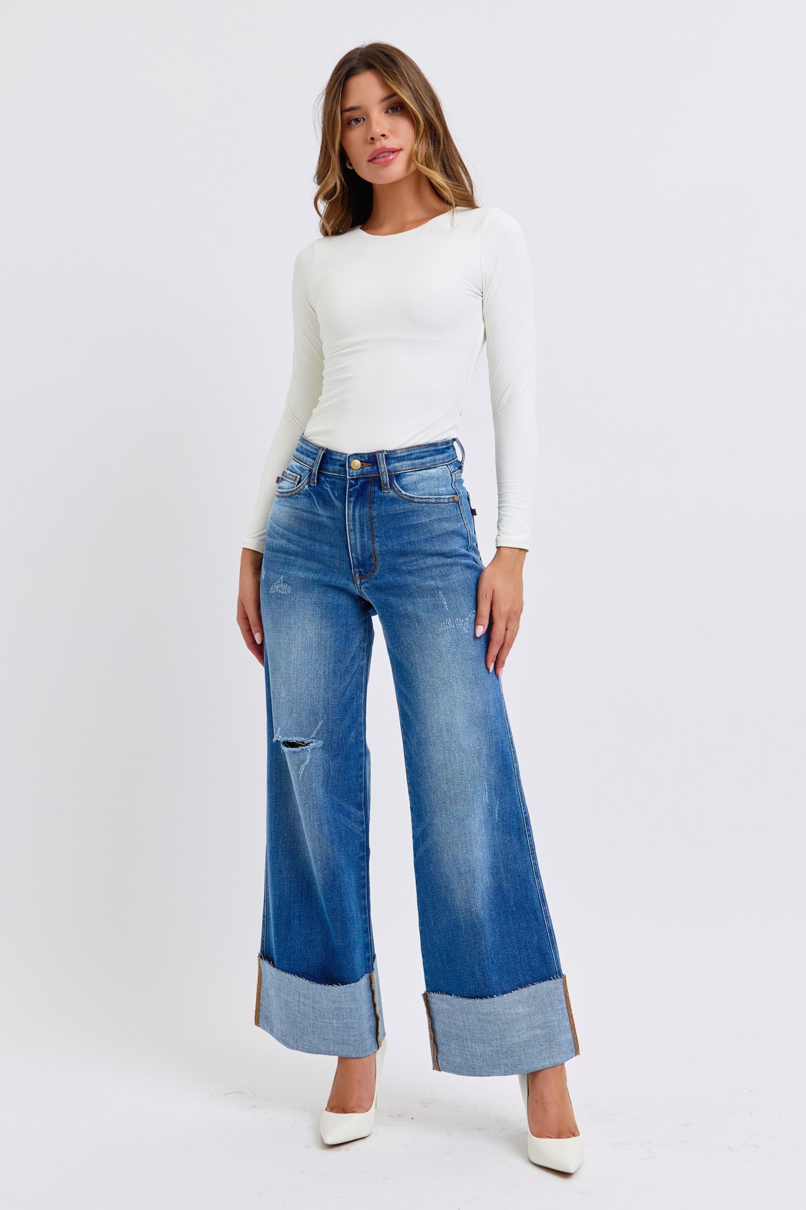 Judy Blue Full Size Distressed High Waist Wide Leg Jeans - Sydney So Sweet