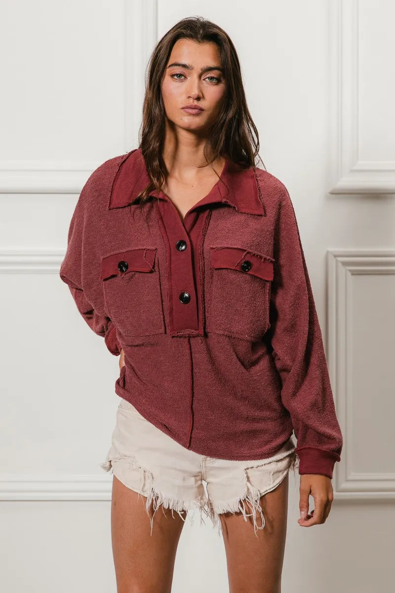 BiBi Cp French Terry Cut Edge Detail Collared Top - Sydney So Sweet