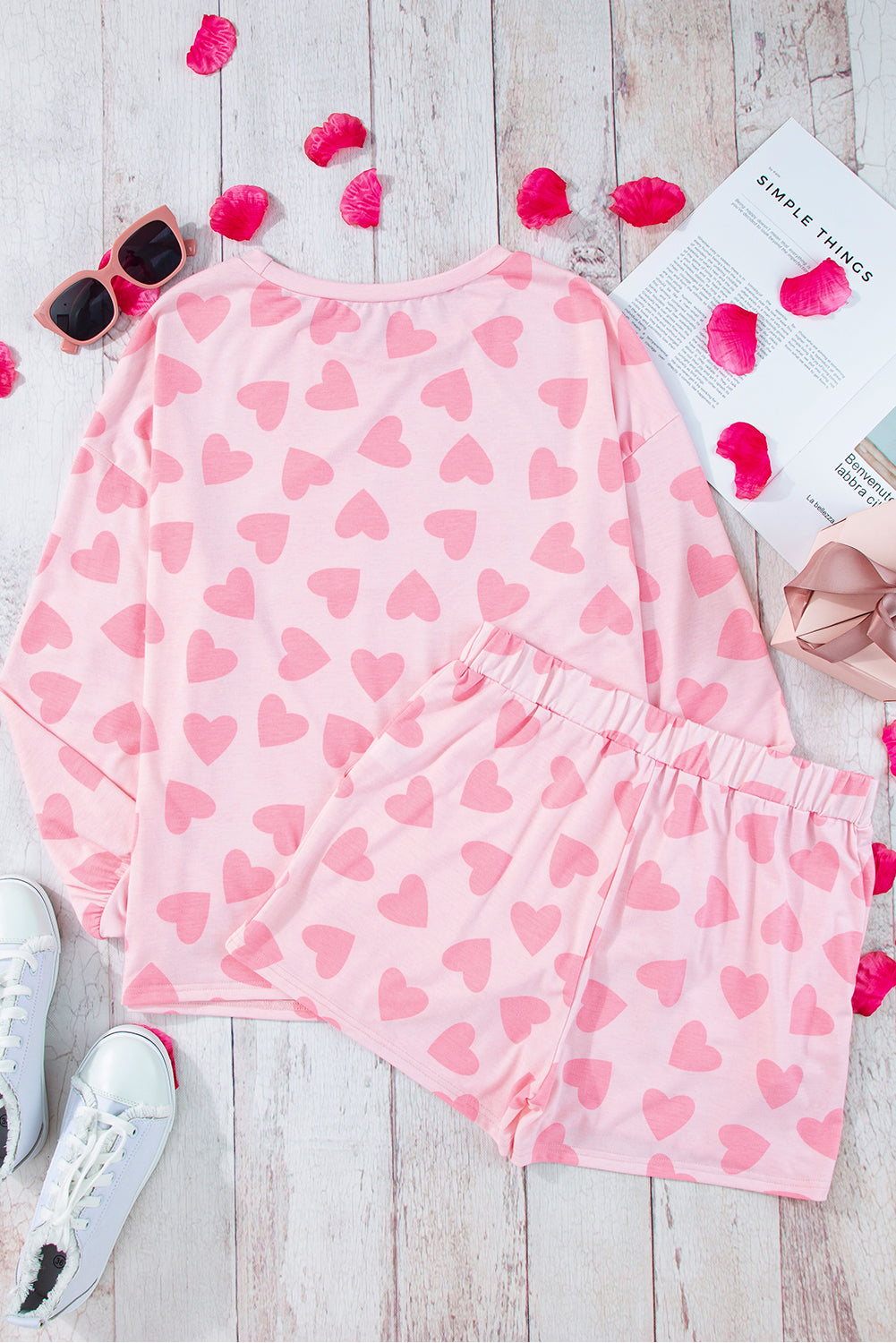 Heart Print Long Sleeve Top and Shorts Lounge Set - Sydney So Sweet