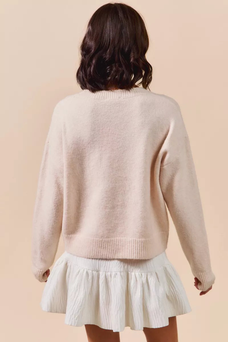 SO ME Embroidered Ribbon Round Neck Sweater - Sydney So Sweet