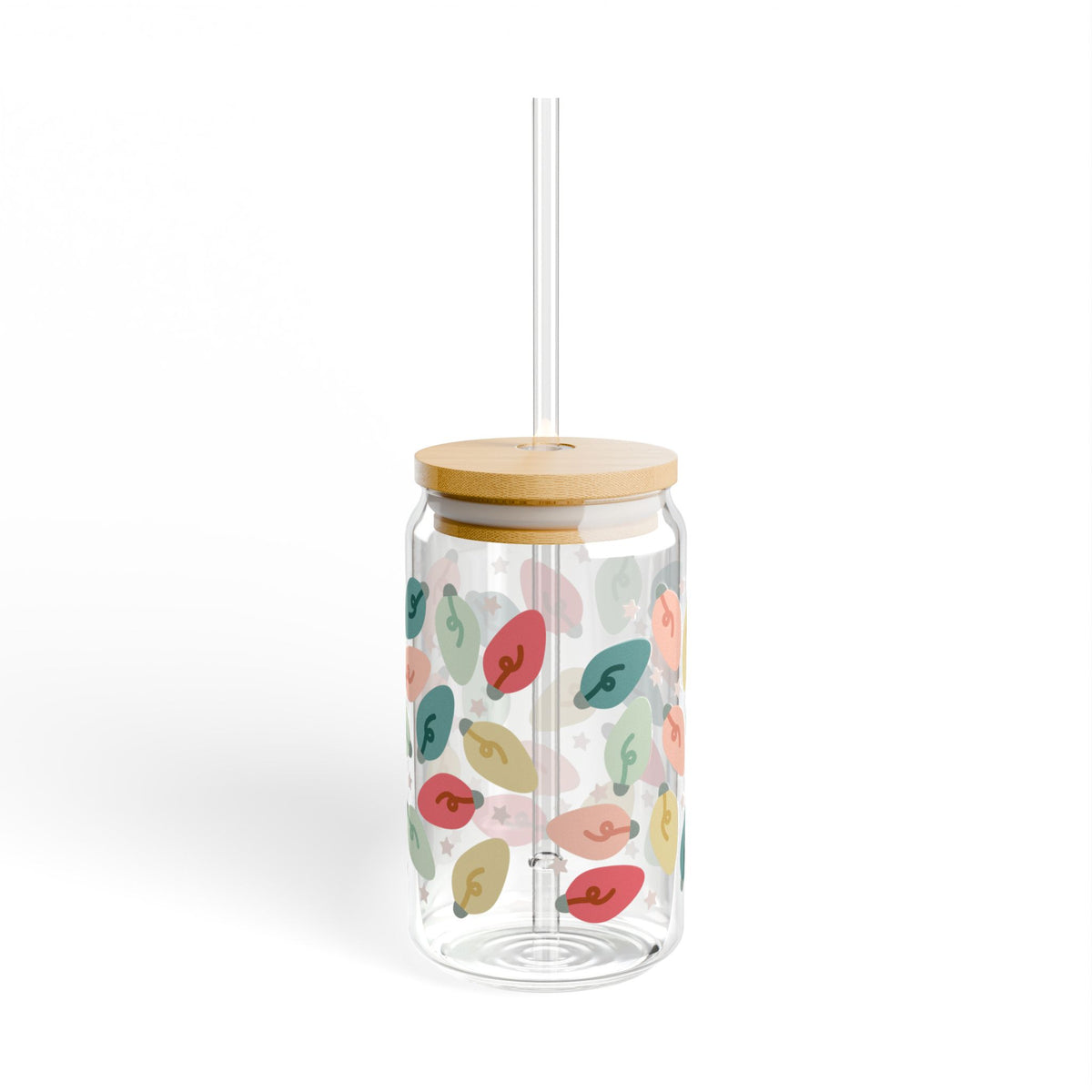 Bright Christmas Lights Sipper Glass 16oz Reusable Drink Jar with Lid & Straw
