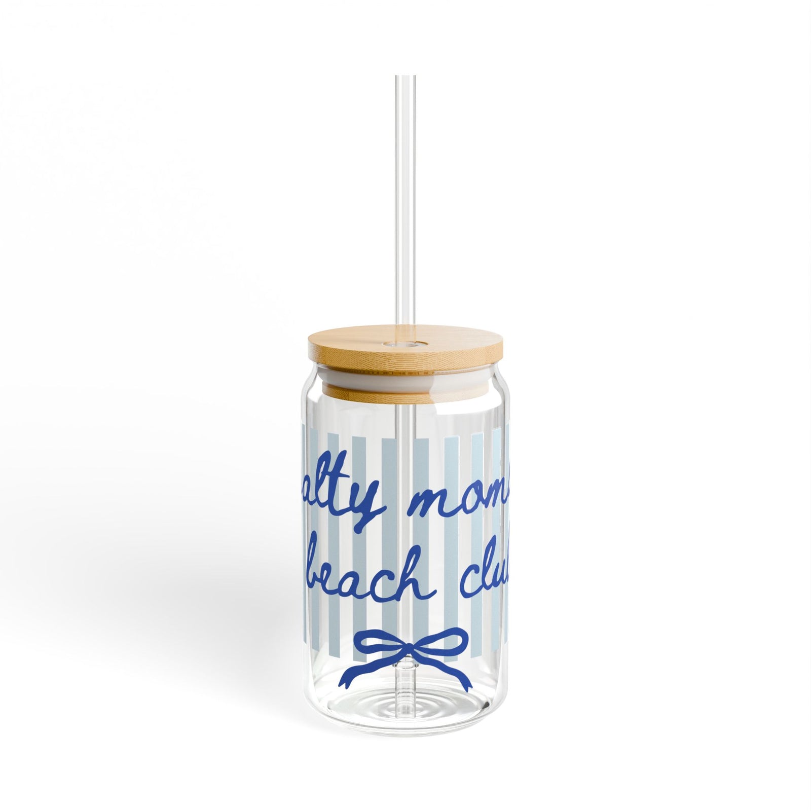 Salty Mama Beach Club Blue Stripe Sipper Glass 16oz Reusable Drink Jar with Lid & Straw