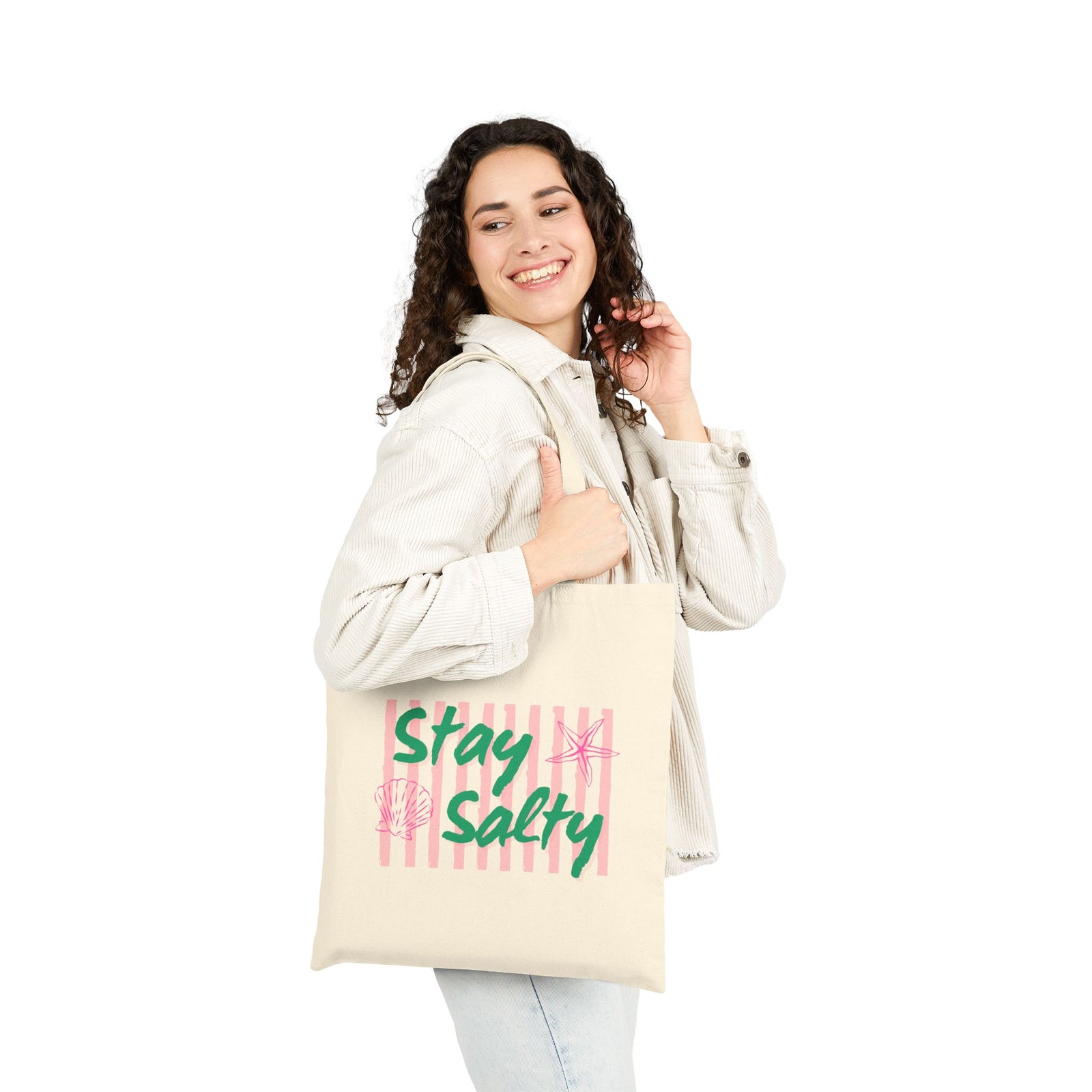 Stay Salty Cotton Canvas Pink Stripe Starfish Tote Bag