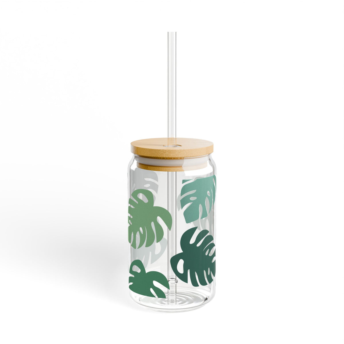 Monstera Leaf Tumbler Sipper Glass 16oz — Reusable Drink Jar with Lid & Straw