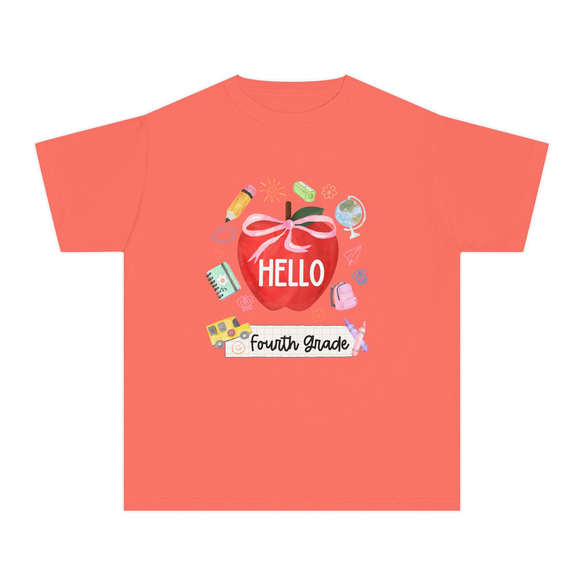 Hello Fourth Grade Preppy Coquette Apple Graphic Tee Back to School 4th Grade T-Shirt