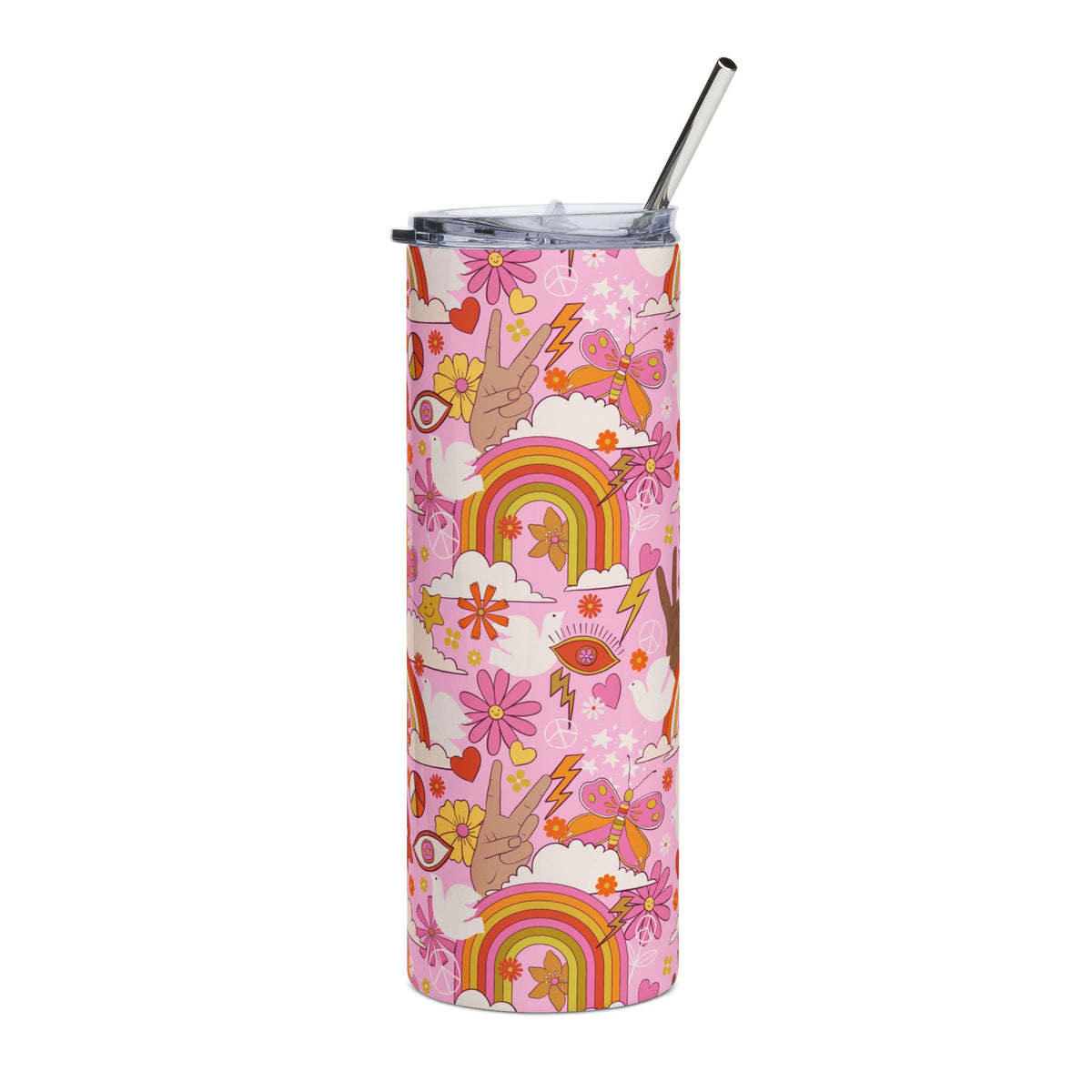 Peace Retro Floral Rainbow 20oz Floral Stainless Tumbler Insulated Travel Cup - Sydney So Sweet