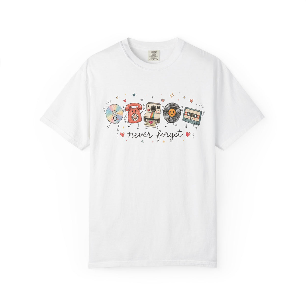 Retro Media Icons T-Shirt Nolstalgic Vintage Cassette Vinyl & Phone Tee
