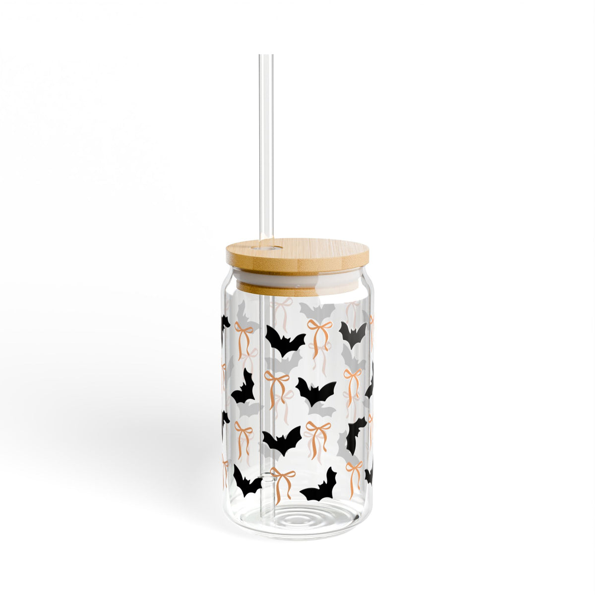 Cute Black Bats and Bows Halloween Sipper Glass 16oz Reusable Drink Jar with Lid & Straw