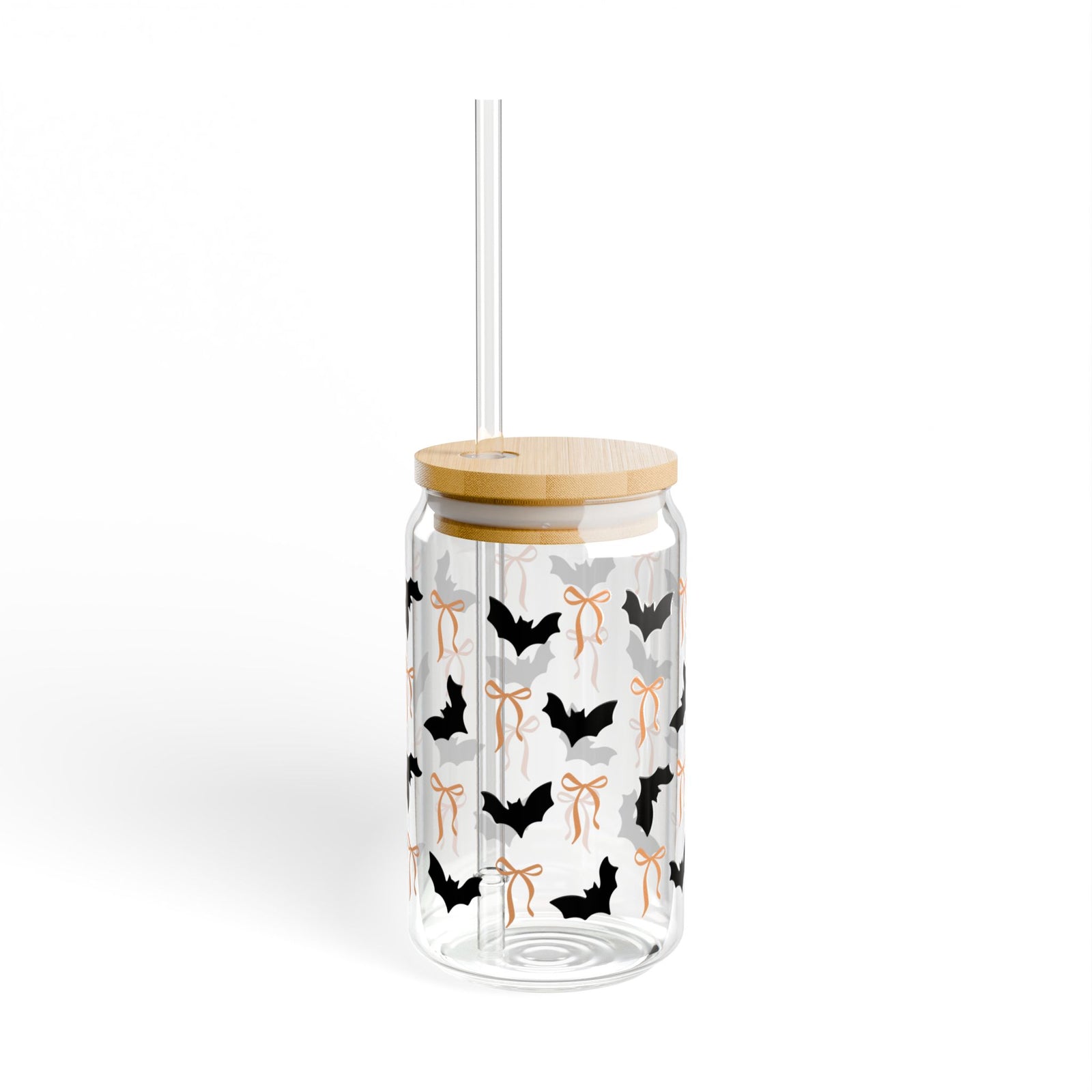 Cute Black Bats and Bows Halloween Sipper Glass 16oz Reusable Drink Jar with Lid & Straw
