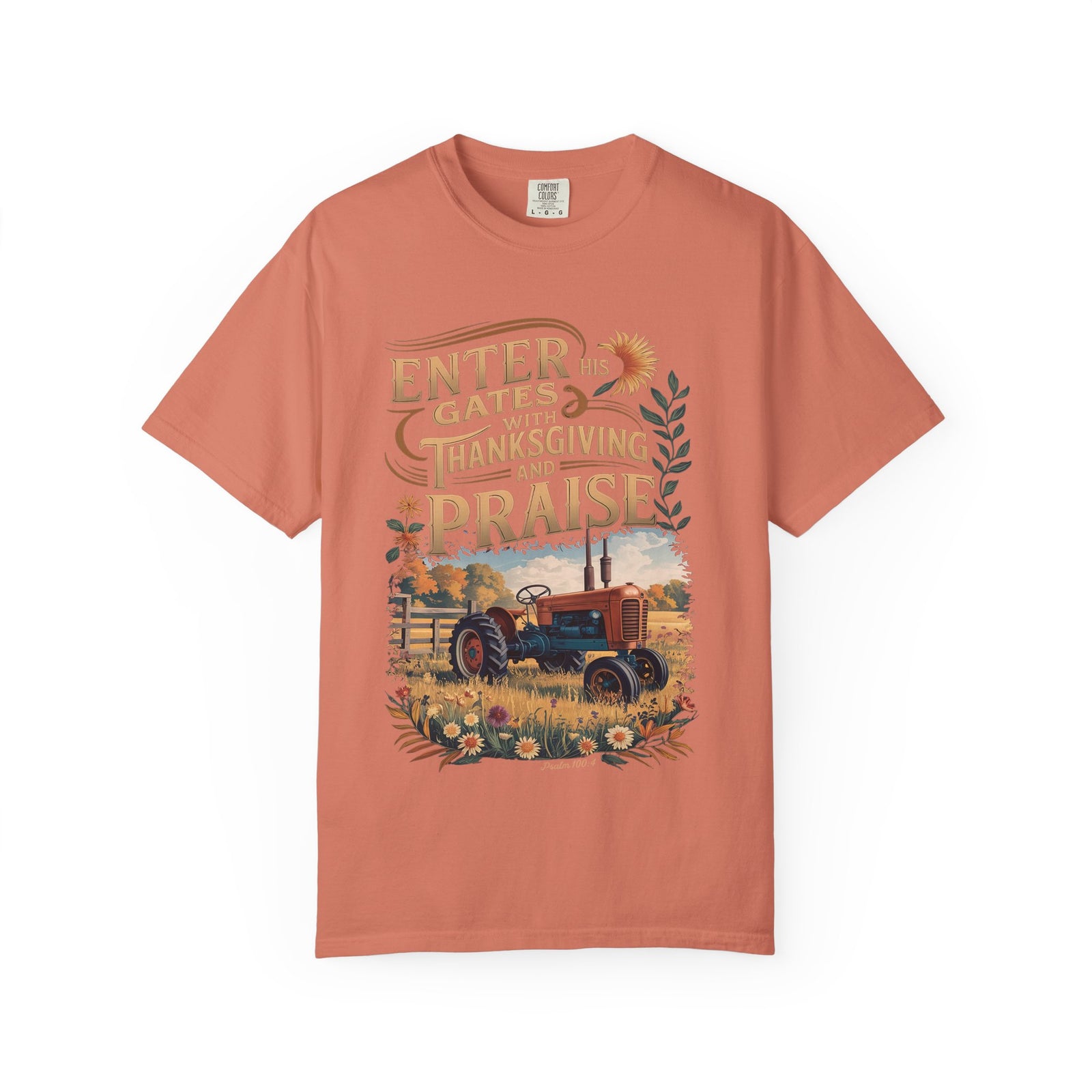 Enter His Gates with Thanksgiving and Praise Tractor T-Shirt Fall Christian Tee