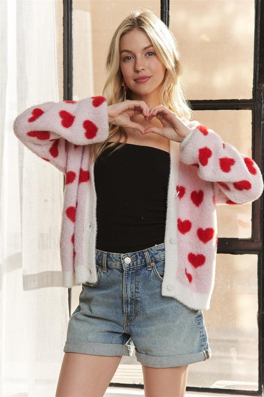 ADORA Fuzzy Heart Button Down Cardigan - Sydney So Sweet