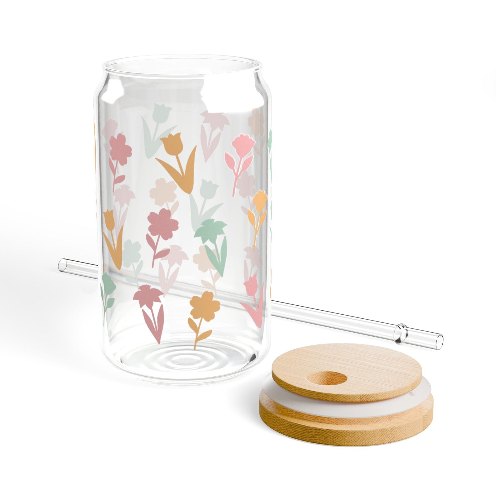 Spring Floral Tumbler Sipper Glass 16oz — Reusable Drink Jar with Lid & Straw