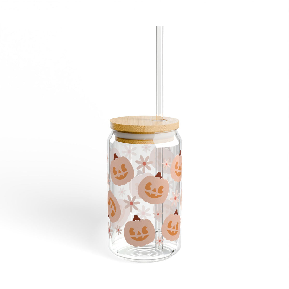 Pumpkin Patch Smiles Halloween Sipper Glass 16oz Reusable Drink Jar with Lid & Straw