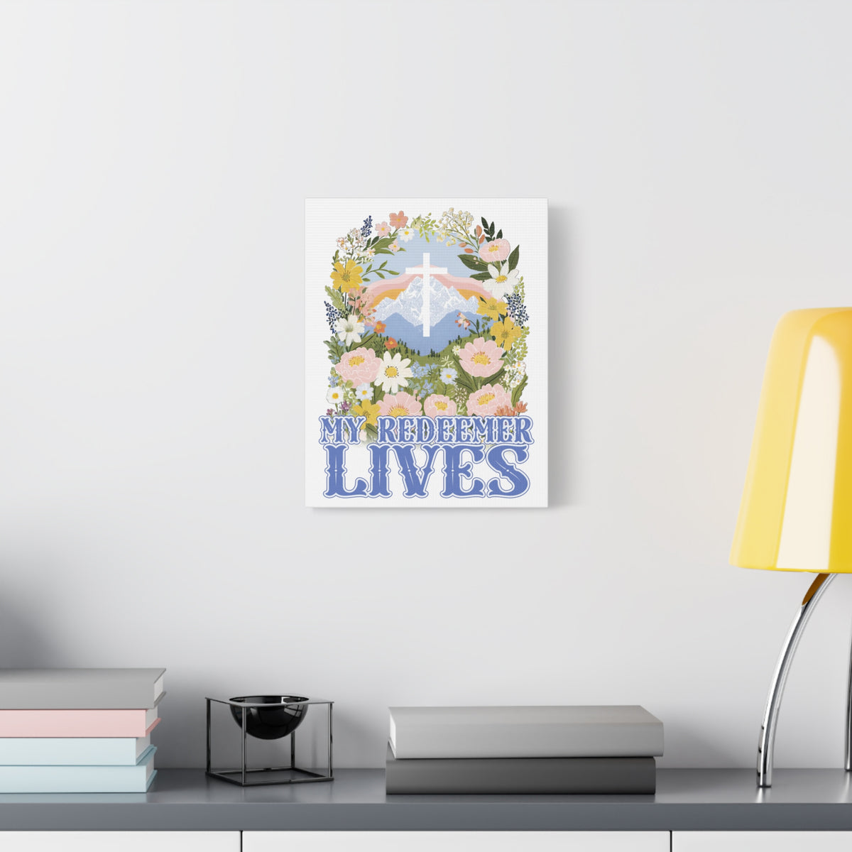 My Redeemer Lives Canvas Wall Art Floral Cross Christian Inspirational Print