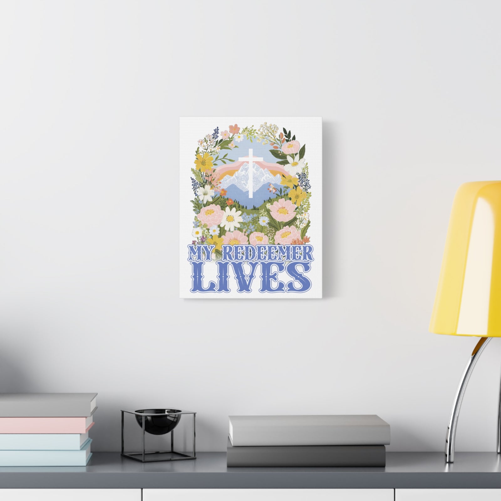 My Redeemer Lives Canvas Wall Art Floral Cross Christian Inspirational Print