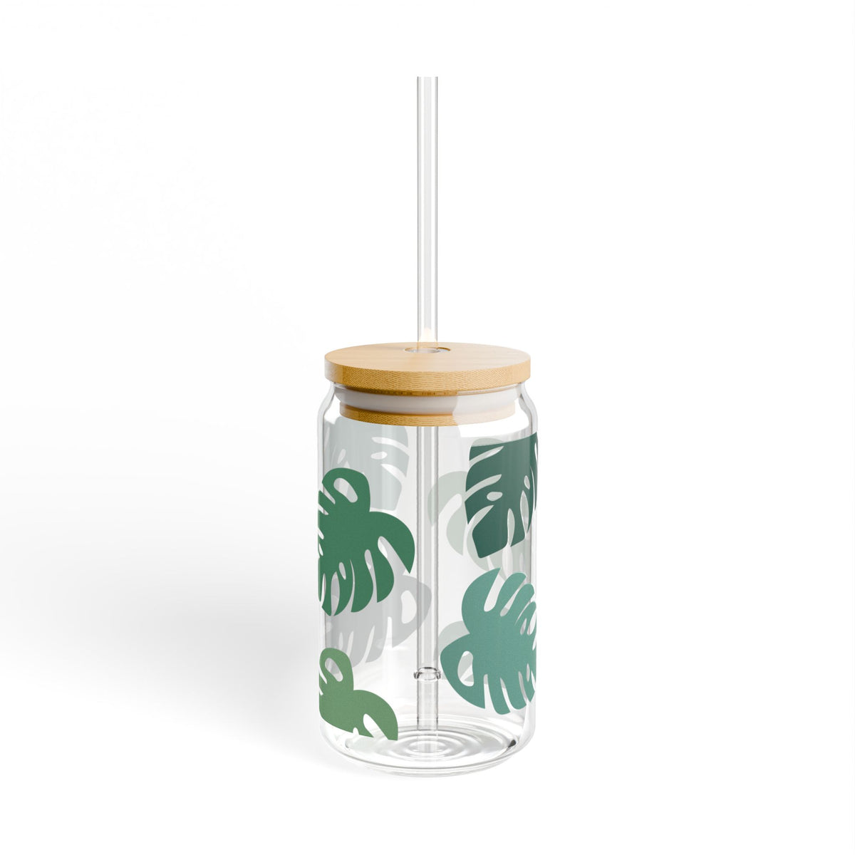 Monstera Leaf Tumbler Sipper Glass 16oz — Reusable Drink Jar with Lid & Straw